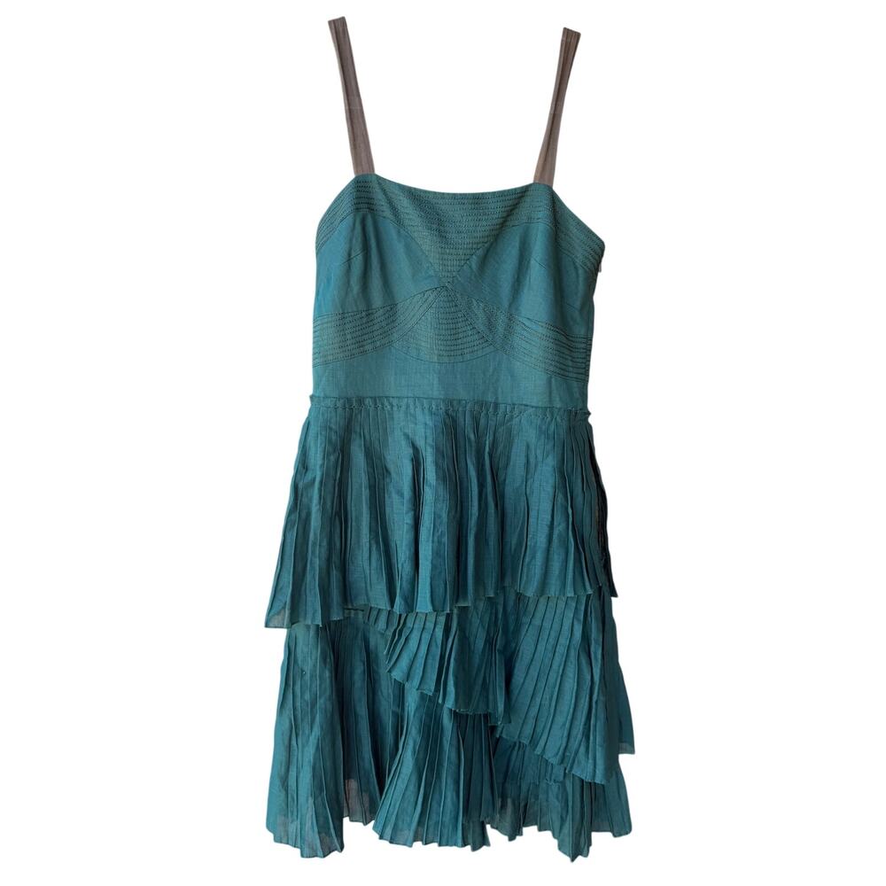 Vera Wang Lavender Label Cotton Dress Slvls Pleated Peacock Green Pleats Sz 8